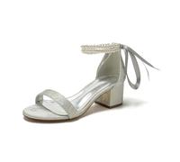 EICOFF Strappy Silver Heeled Sandals Block Heel for Women Open Toe Mid High Heels Pearl Wedding Shoes for Bride Pump for Prom Party,Silver,9.5 UK