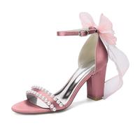 EICOFF Women's Bow Shoes Open Toe Chunky Heel Sandals Satin Ankle Strap Buckle Dress Wedding Shoes for Bride Bridesmaids,Flesh Pink,6.5 UK
