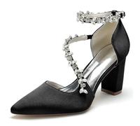 EICOFF Women's Bridal Shoes Pointed Toe High Heel Ankle Strap Dress Pumps with Crystal Chunky Heels Wedding Party Court Shoes,Black,8 UK