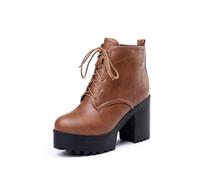 EICOFF Women's Chunky Lace Up Booties Platform Block High Heels PU Leather Side Zipper Ankle Boots Autumn Winter Casual Daily Party Fashion Shoes,Brown,6.5 UK