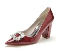 EICOFF Women's Crystal Pearl High Heel Bridal Shoes Ladies Chunky Block Heels Patent Leather Pointed Toe Slip-on Work Wedding Party Dress Shoes,Burgundy,4.5 UK