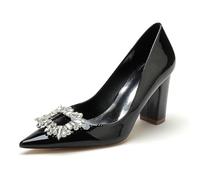 EICOFF Women's Crystal Pearl High Heel Bridal Shoes Ladies Chunky Block Heels Patent Leather Pointed Toe Slip-on Work Wedding Party Dress Shoes,Black,7.5 UK
