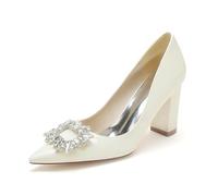 EICOFF Women's Crystal Pearl High Heel Bridal Shoes Ladies Chunky Block Heels Patent Leather Pointed Toe Slip-on Work Wedding Party Dress Shoes,Beige,7.5 UK