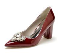 EICOFF Women's High Chunky Block Heels Wedding Shoes for Bridal Crystal Pearl Pointed Closed Toe Slip-on Party Work Dress Pumps Shoes,Burgundy,4 UK
