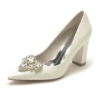 EICOFF Women's High Chunky Block Heels Wedding Shoes for Bridal Crystal Pearl Pointed Closed Toe Slip-on Party Work Dress Pumps Shoes,Beige,4 UK