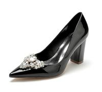 EICOFF Women's High Chunky Block Heels Wedding Shoes for Bridal Crystal Pearl Pointed Closed Toe Slip-on Party Work Dress Pumps Shoes,Black,7.5 UK