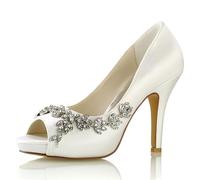 EICOFF Women's Peep Toe High Heels Satin Slip-on Pumps Rhinestone Bridal Wedding Shoes Party Work Special Occasions Formals Sandals,Ivory,4 UK