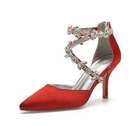 EICOFF Women's Rhinestone Ankle Strap Dress Shoes Pointed Closed Toe Back Zip Stiletto High Heel Wedding Bridal Shoes for Daily Casual Party Prom,Red,9.5 UK