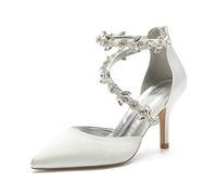 EICOFF Women's Rhinestone Ankle Strap Dress Shoes Pointed Closed Toe Back Zip Stiletto High Heel Wedding Bridal Shoes for Daily Casual Party Prom,Ivory,8.5 UK