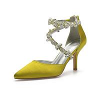 EICOFF Women's Rhinestone Ankle Strap Dress Shoes Pointed Closed Toe Back Zip Stiletto High Heel Wedding Bridal Shoes for Daily Casual Party Prom,Yellow,4.5 UK