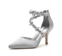 EICOFF Women's Rhinestone Ankle Strap Dress Shoes Pointed Closed Toe Back Zip Stiletto High Heel Wedding Bridal Shoes for Daily Casual Party Prom,Silver,8.5 UK