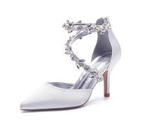 EICOFF Women's Rhinestone Ankle Strap Dress Shoes Pointed Closed Toe Back Zip Stiletto High Heel Wedding Bridal Shoes for Daily Casual Party Prom,White,6.5 UK