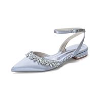 EICOFF Women's Rhinestone Closed Toe Wedding Shoes for Bride Flat Pointed Toe Low Heel Slingback Flats Evening Prom Party Dress Shoes,Silver,8.5 UK
