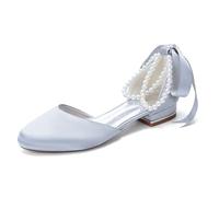 EICOFF Women's Round Toe Pearl Wedding Flats for Bride Comfortable Low Heels Ankle Strap Bridal Flats Evening Prom Party Dress Shoes,Silver,9.5 UK