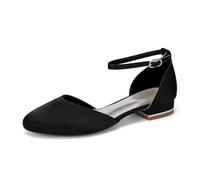 EICOFF Women's Round Toe Satin Wedding Shoes Comfortable Low Heels Ankle Strap Bridal Flats Evening Prom Party Dress Shoes,Black,7 UK