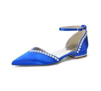 EICOFF Womens Wedding Flat Shoes Pearl Satin Wedding Shoes for Bride Comfortable Low Heels Ankle Strap Formal Prom Party Dress Sandals,Royal Blue,4.5 UK