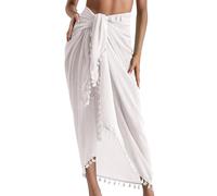Eicolorte Beach Sarong Pareo Womens Semi-Sheer Swimwear Cover Ups Short Skirt with Tassels, 12-white-long, XXXXL