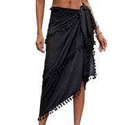 Eicolorte Beach Sarong Pareo Womens Semi-Sheer Swimwear Cover Ups Short Skirt with Tassels, B-black, One Size