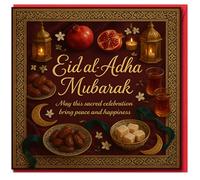 Eid al-Adha Mubarak Card - Lanterns, Crescents, Dates & Tea - Islamic Festival Greeting - Peace and Happiness Message