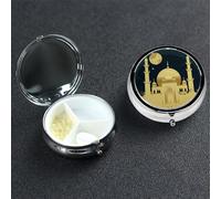 Eid Al-Fitr Card with Moon and Mosque Pill Case Portable Metal Pill Box 3 Compartment Pill Organizer Cute Travel Pill Container Vitamin Organizer for Purse Pocket Travel Gift
