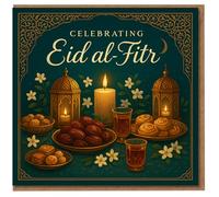 Eid al-Fitr Greeting Card - Celebrating Eid Design with Lanterns, Candlelight, Crescent Moon, Dates, Sweets and White Blossoms