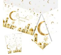 Eid Al-fitr Tablecloth Plastic Table Cover,2Pcs Islamic Festival Party Decor,Large 137x274cm Rectangle Gold Eid Mubarak Tablecloths Crescent Moon Design for Ramadan Umrah Mubarak Islam Muslim Decor