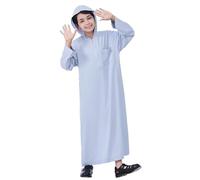 Eid Clothes for Boys Long Sleeve Hooded White Thobe Zip Up Muslim Robe Comfy Islamic Arabic Dubai Hijab Robe Jubba for Eid ul-Fitr Mosque Services and Family Celebrations Aged 4-14Y