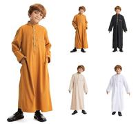 Eid Clothes for Boys White Thobe Muslim Robe Long Sleeve Button-Down Boys Jubba with Pockets Kaftan Embroidered Abaya Children's National Wear for Eid Gifts and Friday Mosque Visits