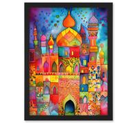 Eid Dates Mosque Temple Folk Art Watercolour Painting Artwork Framed Wall Art Print A4 Artery8 Black One Size