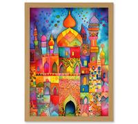 Eid Dates Mosque Temple Folk Art Watercolour Painting Artwork Framed Wall Art Print A4 Artery8 Light Oak One Size