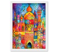Eid Dates Mosque Temple Folk Art Watercolour Painting Artwork Framed Wall Art Print A4 Artery8 White One Size
