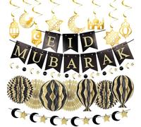 Eid Decorations for Home 2025 Set Ramadan Decorations Eid Mubarak Banner Bunting Gold Honeycomb Ramzan Umrah Eid Mubarak Decorations Moon Star Ribbon Hanging Decor for Islamic Muslim