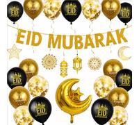 Eid Decorations For Home, Black And Gold Eid Mubarak Decoration -12inch Balloons, Banners and Hanging Swirls, A Perfect Eid Decorations Balloons.