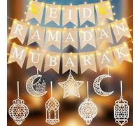 Eid Decorations for Home Ramadan Decorations Eid Mubarak Banner Set with Star Moon Lantern Wooden Ornaments and LED Lights Hanging Islamic Decor for Ramadan Mubarak Eid Party Home Decoration