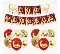 Eid Decorations for Home Set,Red Gold Eid Mubarak Banner Bunting &12Pcs EidMubarak Decorations Balloons Ramadan Mubarak Decorations for Home Hanging,Muslim Islamic Ramadan Kareem Party Decorations