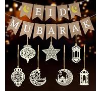 EID Decorations for Home, Wooden Ramadan Decorations with Burlap EID Mubarak Banner, Wooden Hanging Ornaments Star Moon Lantern Ramadan Kareem for Islam Festival Restaurant Garden Eid Al Adha Decor
