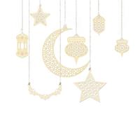 Eid Decorations Home Hanging Wooden Ornaments, 8pcs Crescent Moon Star Hollowed Wooden Pendants Cut-out Lantern Shape Ornaments with Hanging Cords Ramadan Eid Muslim Party Decorations Supplies