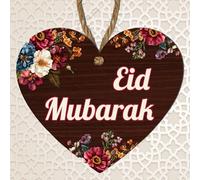 Eid, Hajj, Ramadan, Umrah Mubarak, and Bismillah Floral Heart Plaque - Islamic Hanging MDF Sign for Eid, Ramadan, Islamic Decor, Hajj Gifts, Rustic Floral Wall Plaque with Twine (Eid Mubarak)