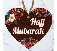 Eid, Hajj, Ramadan, Umrah Mubarak, and Bismillah Floral Heart Plaque - Islamic Hanging MDF Sign for Eid, Ramadan, Islamic Decor, Hajj Gifts, Rustic Floral Wall Plaque with Twine (Hajj Mubarak)