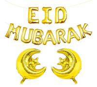 Eid Mubarak Balloons, Eid Decorations, 16" Gold Letter Balloons and 22" Moon Star Balloon, Gold Decorations Balloon Banner Set for Home Party Decor