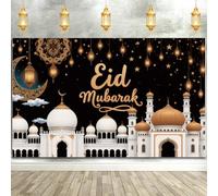 Eid Mubarak Banner Large Ramadan Backdrop 180x110cm Black Polyester Decoration with Moon Stars Lanterns Castle Print for Indoor Outdoor Party Setup