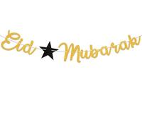 Eid Mubarak Banner with Star - Eid Festival Party Decorations, Ramadan Mubarak Banner, Happy Eid Decor, Ramadan Home Mantel Fireplace Decoration Gold Glitter