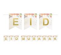 Eid Mubarak Card Hanging Bunting Banner Decoration - White Floral Gold Letter 2m