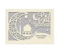 Eid Mubarak Card Personalised for Muslim Kids Islamic Gift for Ramadan Mubarak Hajj Kareem Custom Cards for Her Women Boys Daughter Mum Wife Friend with Crescent Moon (Grey)