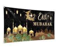 Eid Mubarak Decorations, 200 x 110CM, Large Fabric Muslim Ramadan Kareem Banner Ramadan Mubarak Sign Photo Booth Black Gold Backdrop Background for Muslim Party Supplies