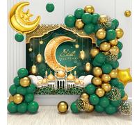 Eid Mubarak Decorations, 70pcs Eid Mubarak Balloons Green Gold, Ramadan Mubarak Banner, Eid Balloons Garland with Moon Star Balloon for Ramadan Decorations for Home, Umrah Mubarak, Islamic Eid Party