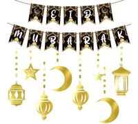 Eid Mubarak Decorations, Eid Mubarak Banner, Hanging Swirl Streams Ceiling Decor, Hanging Golden Islamic Star Moon Lantern, Eid Garland Streamer for Islamic Muslim Al-Fitr Party Supplies