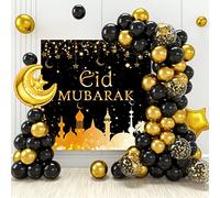 EID Mubarak Decorations for Home,Black Gold Balloons Arch Garland Kit with Moon Star Balloons Eid Mubarak Background Banner for Ramadan Decorations,Eid Party Decor,Islamic Decoration
