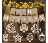 Eid Mubarak Decorations for Home, Eid Mubarak Decoration Banners with Moon Star Wind Light Wooden Hanging Ramadan Decorations, Ramadan Kareem Decor for Muslim Eids Decor Islam Festival Party Supplies