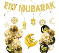Eid Mubarak Decorations Set - Glitter Eid Mubarak Banner with Hanging Swirl Balloon for Backdrop Islam Party Decor